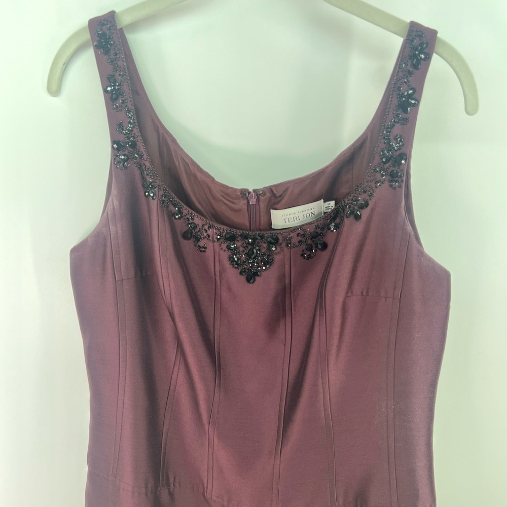 Rickie Freeman Teri Jon Beaded Silk Burgundy Wine Full Length Evening Dress 12 - Picture 10 of 15